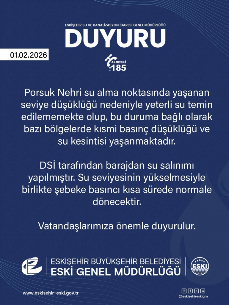 Kısmi Basınç Düşüklüğü ve Su Kesintisi Duyurusu